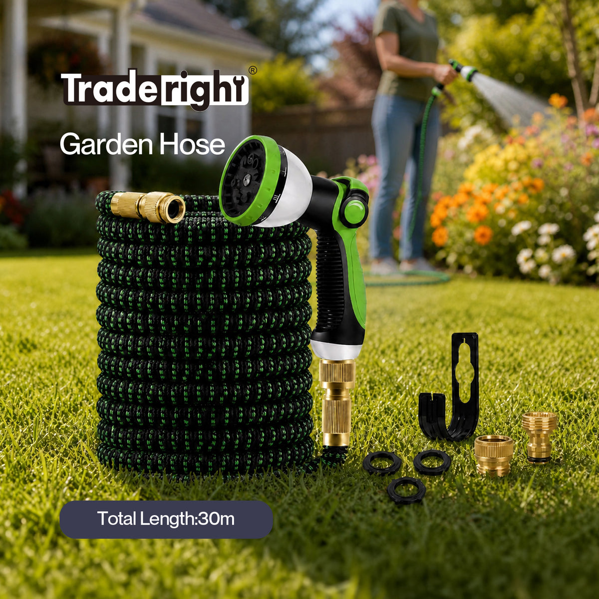 Traderight Expandable Garden Hose 10m to 30m 10-Pattern Nozzle Kink-Free Green