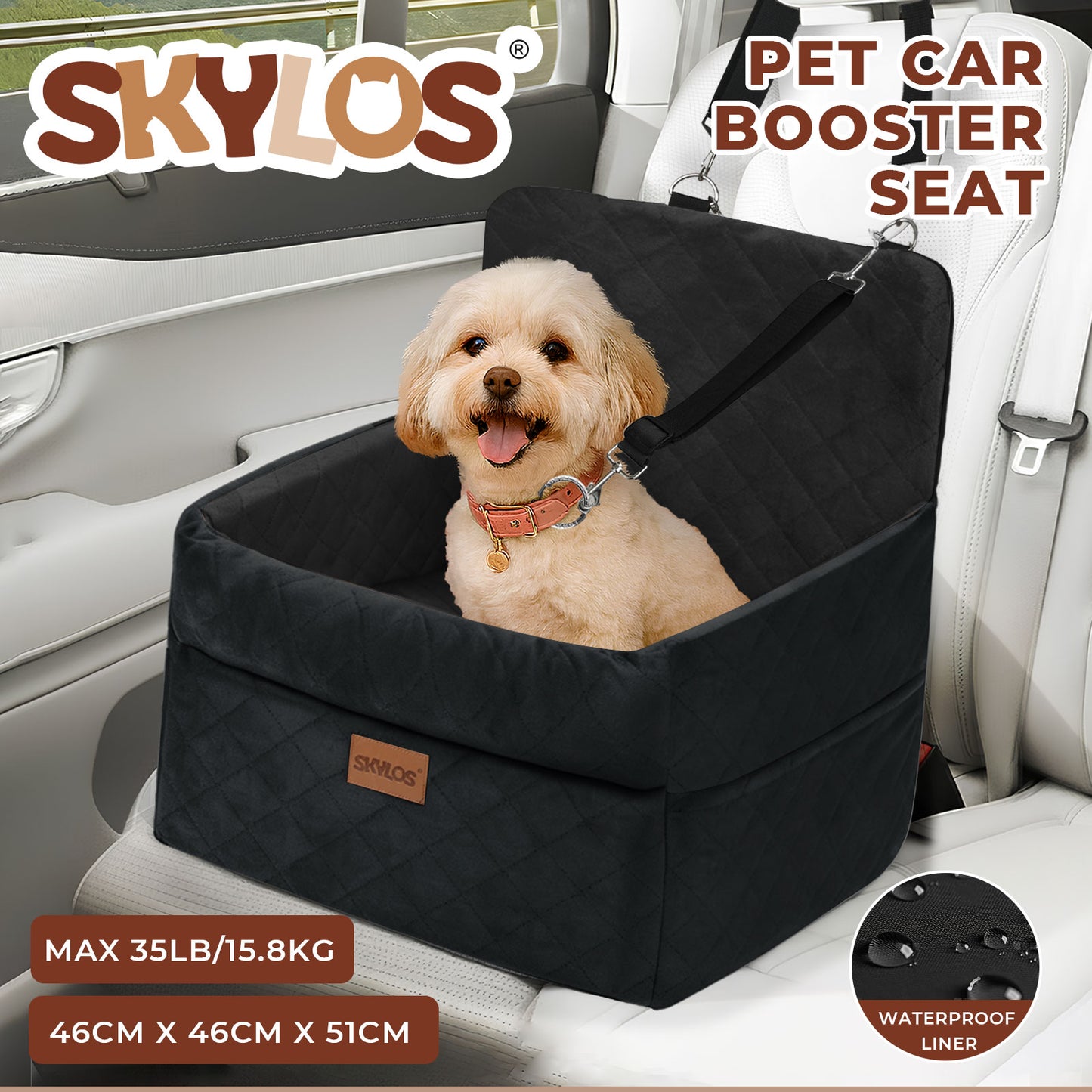 Skylos Dog Booster Car Seat Cosy Cats Pet Travel Bed with Safety Leash Black
