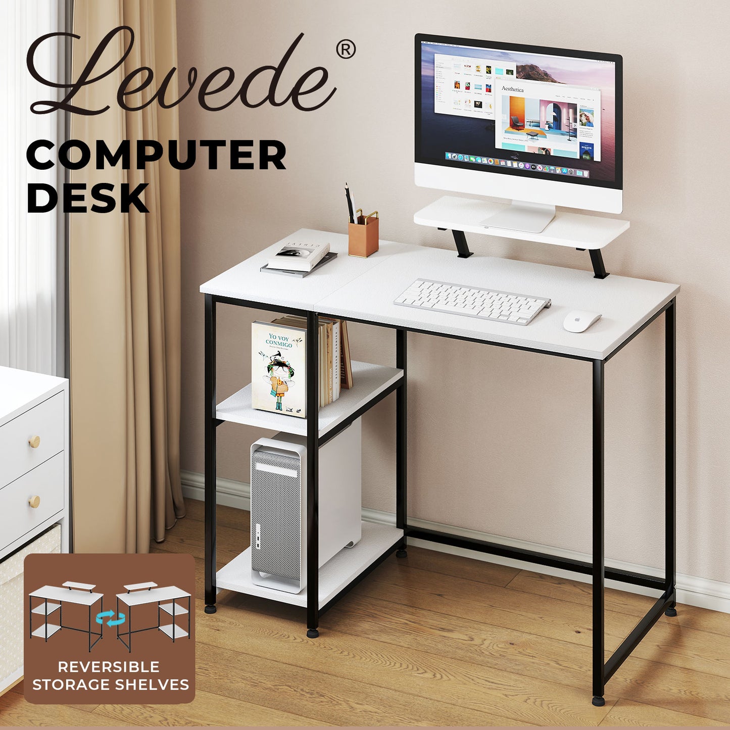 Levede Computer Desk Home Office Table with Storage Shelves Monitor Stand White