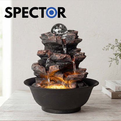 Spector Tabletop Water Fountain Indoor Water Feature LED Glass Ball Resin Brown