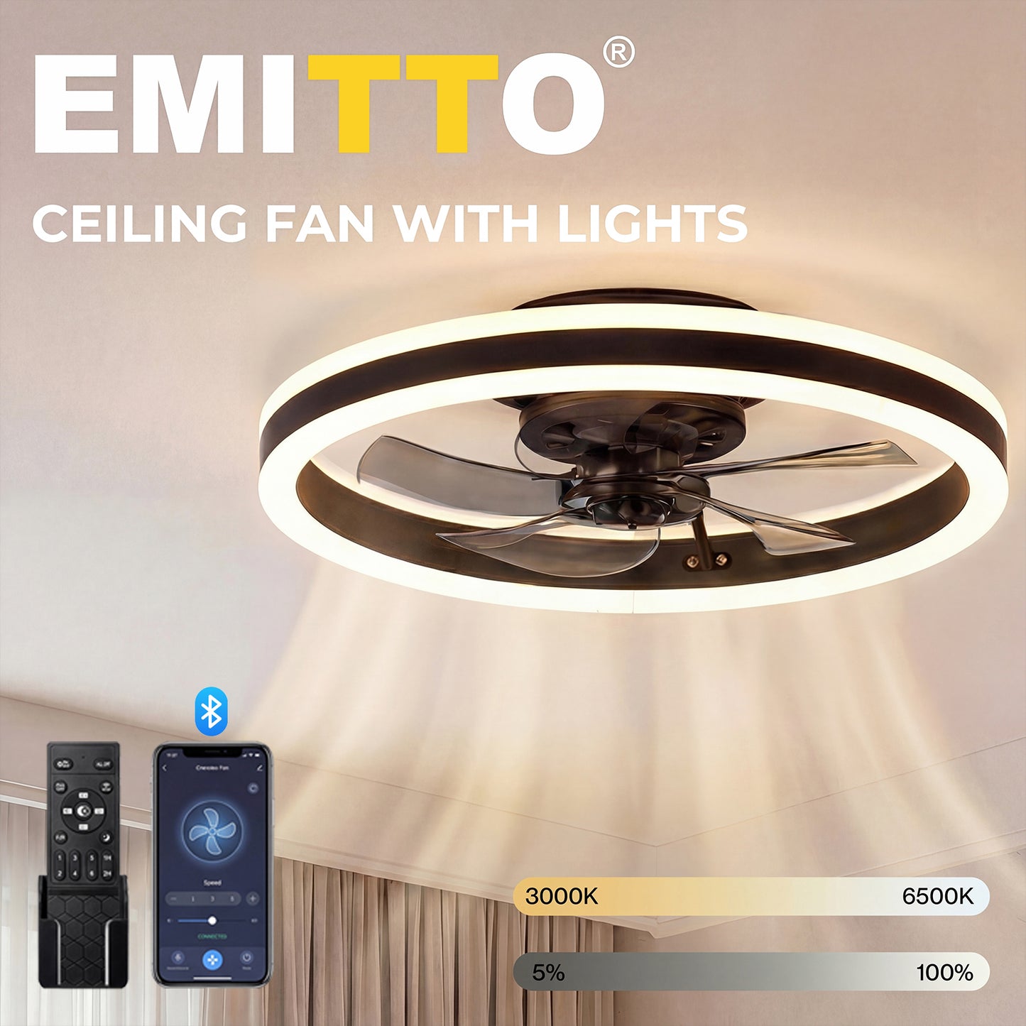 Emitto Ceiling Fan with Lights Remote Modern LED Dimmable Quiet 6 Speeds Black