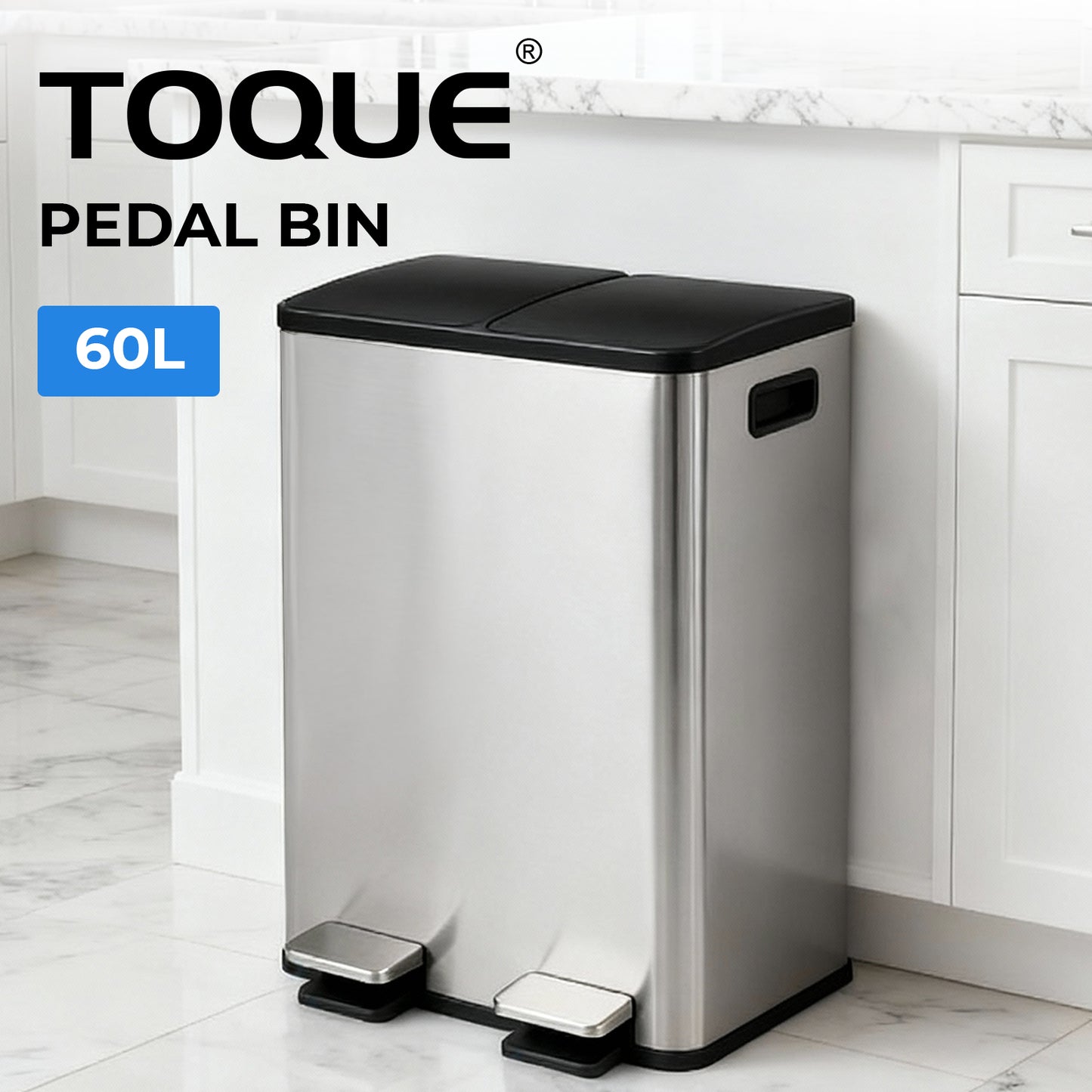 Toque 60L Pedal Bin Stainless Steel Kitchen Trash Waste Can Recycling Dustbin