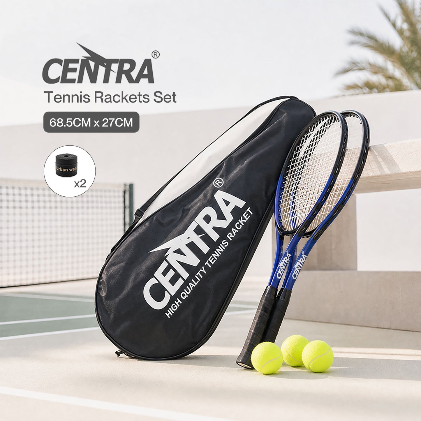Centra 9Pcs Tennis Racket Set Lightweight Racquet Balls Carry Bag Overgrips
