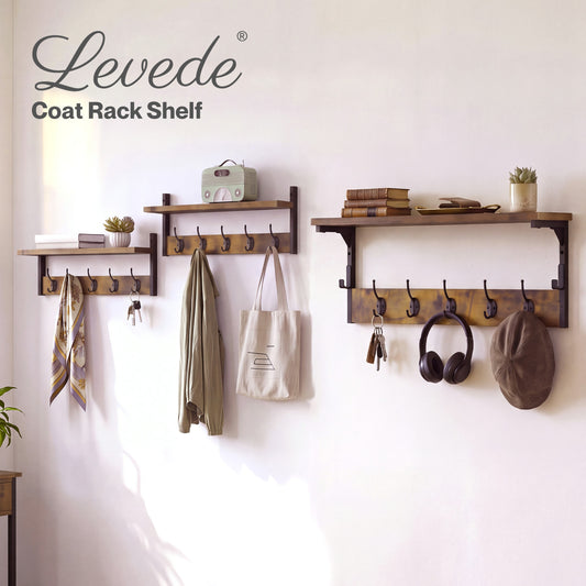 Levede Coat Rack Wall Mounted Wooden Hooks Hangers Storage Shelf