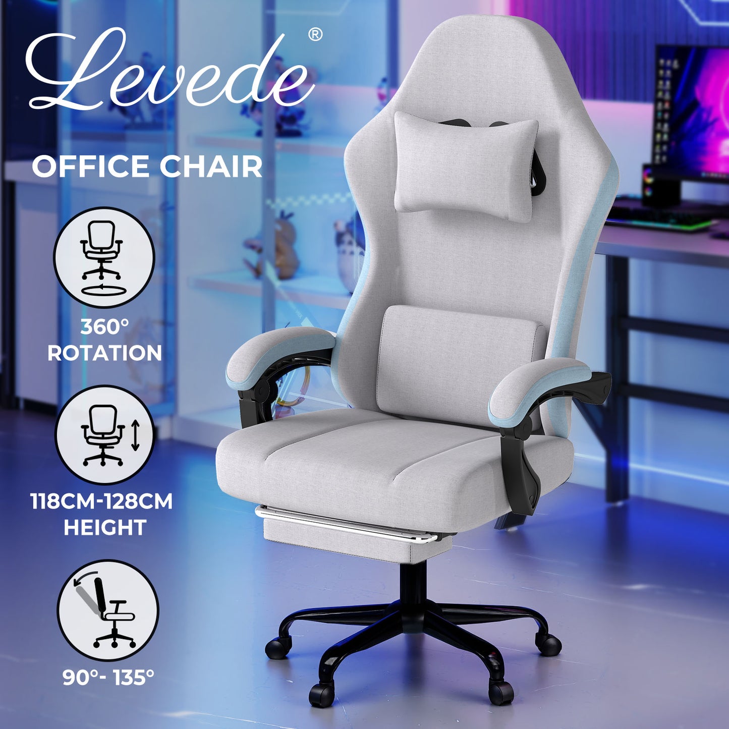 Levede Office Desk Chair Fabric Gaming Recliner Adjustable Height Swivel Grey