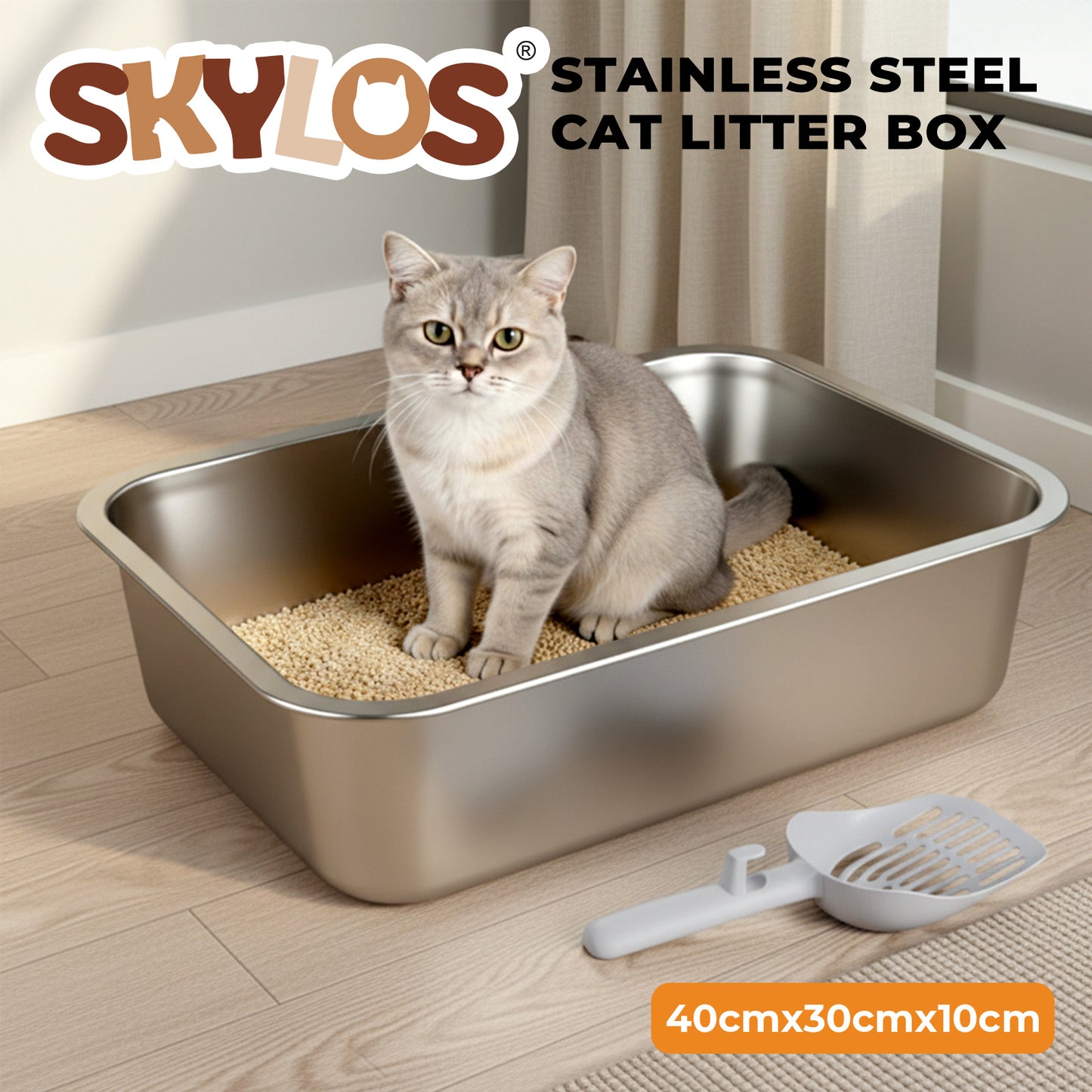 Skylos Cat Litter Box Stainless Steel Toilet Tray for Kittens Cats Large Open