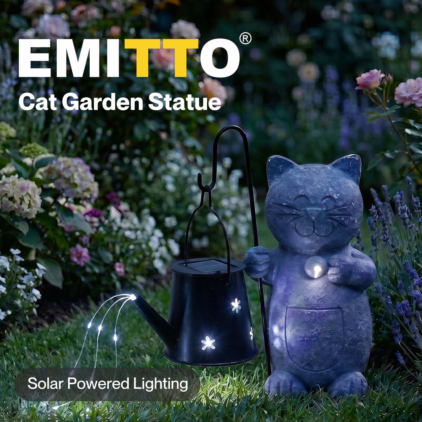 Emitto Solar Light Cat Garden Statue Ornament Resin Metal Stone Grey Black