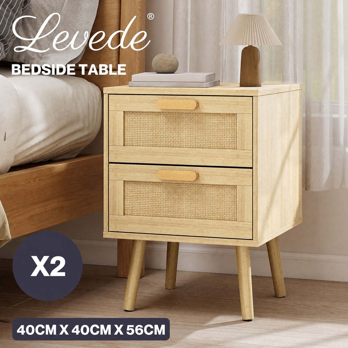 Levede Bedside Table Rattan 2 Pack Drawers Nightstand End Table Bedroom Bamboo