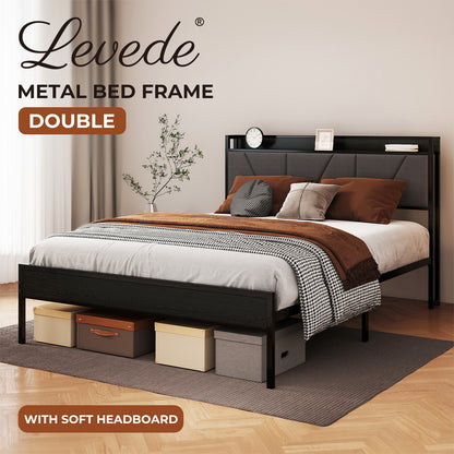 Levede Double Bed Frame Metal Platform Linen Upholstered Headboard with Storage