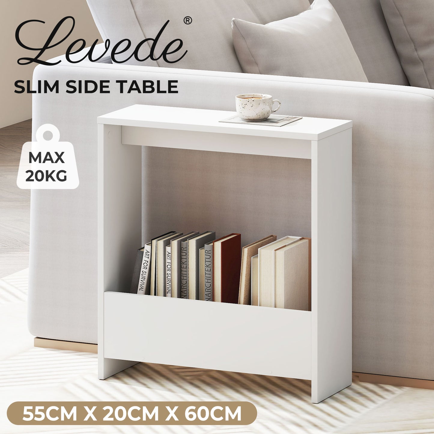 Levede Side Table with Magazine Storage End Table Narrow for Living Room White