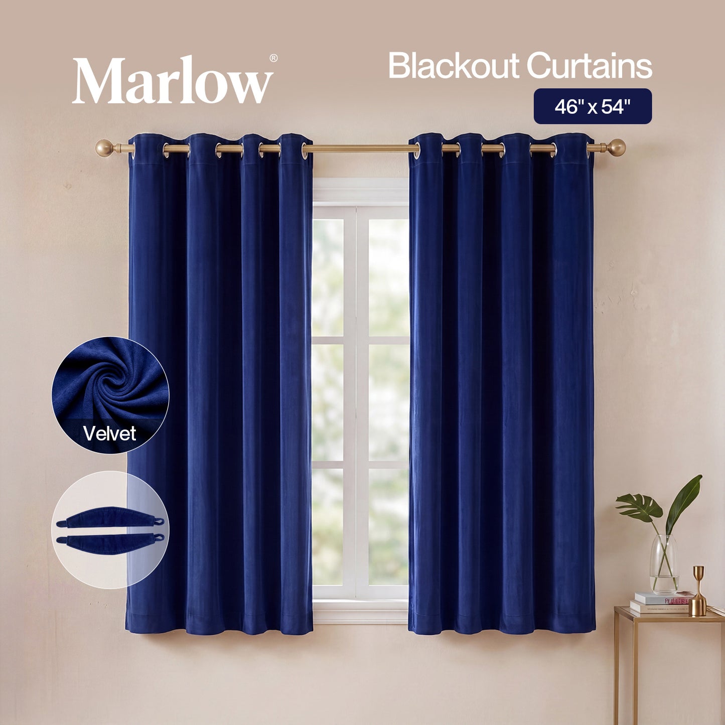 Marlow Thick Thermal Blackout Curtains Velvet 46x54 Inch Eyelet Ring Top Blue