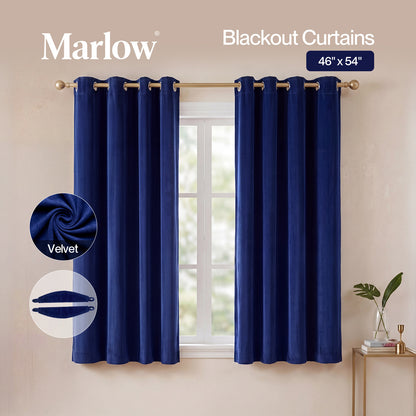 Marlow Thick Thermal Blackout Curtains Velvet 46x54 Inch Eyelet Ring Top Blue