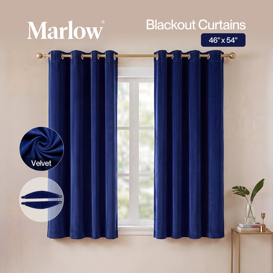 Marlow Thick Thermal Blackout Curtains Velvet 46x54 Inch Eyelet Ring Top Blue