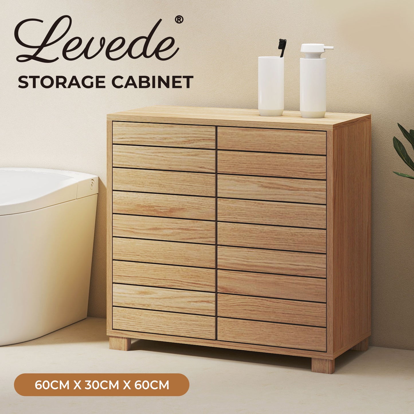 Levede Bathroom Floor Storage Cabinet 2-Tier Adjustable Shelf Cupboard Oak Style