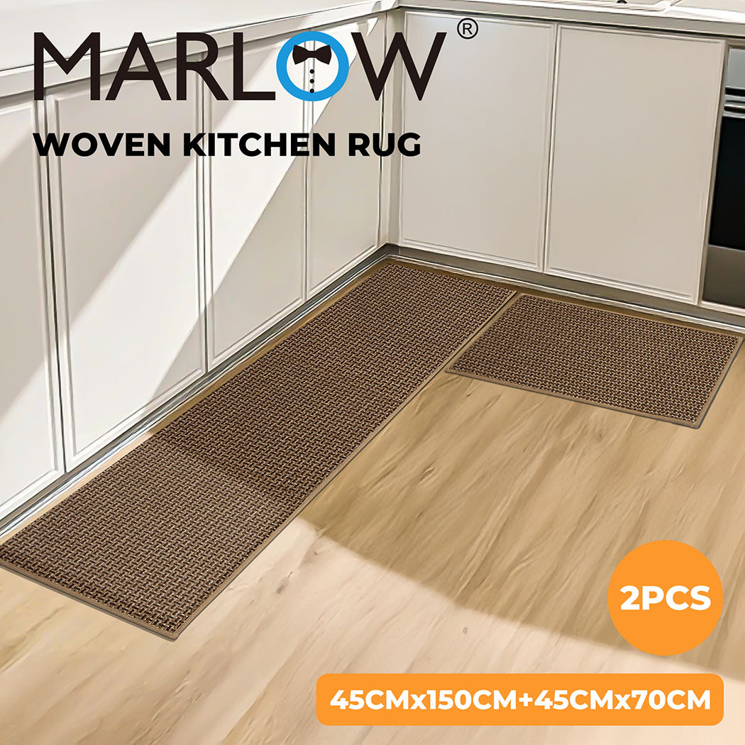 Marlow Kitchen Mat 2PCS Non Slip Woven Rubber Floor Mat Absorbent Runner Brown