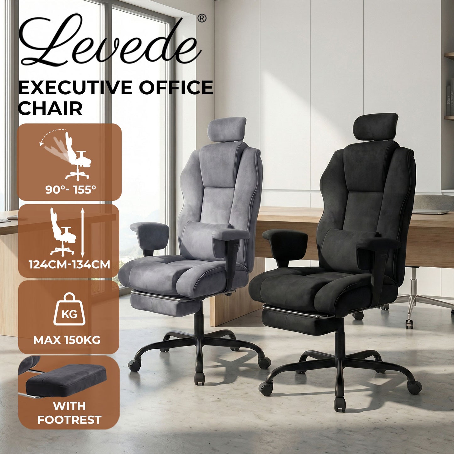 Levede Ergonomic Office Chair Suede Recline Pressure Relief Spring Seat Footrest