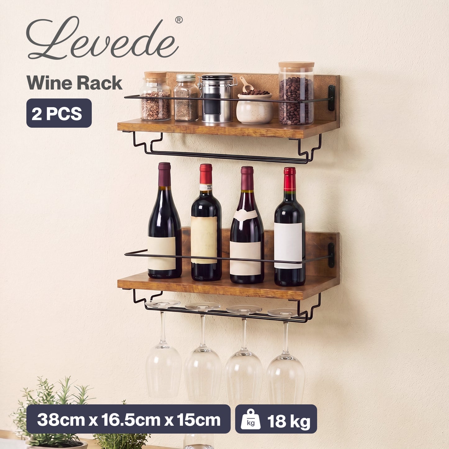 Levede Wall Wine Rack With Glass Holder Floating Wine Shelf Home Bar Storage 2PC