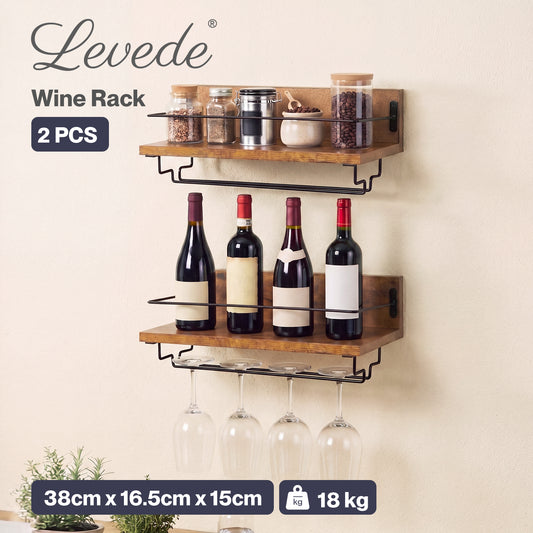Levede Wall Wine Rack With Glass Holder Floating Wine Shelf Home Bar Storage 2PC