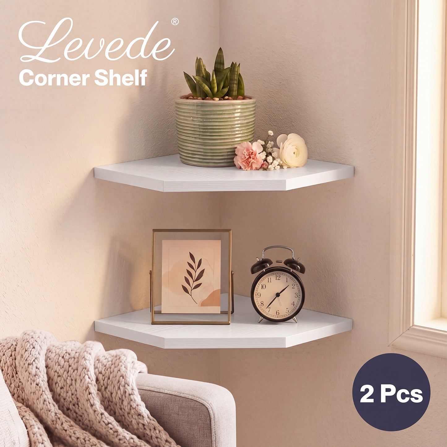 Levede 2 Pack Floating Corner Shelves Cable Cut-Out Wall Mounted Storage White