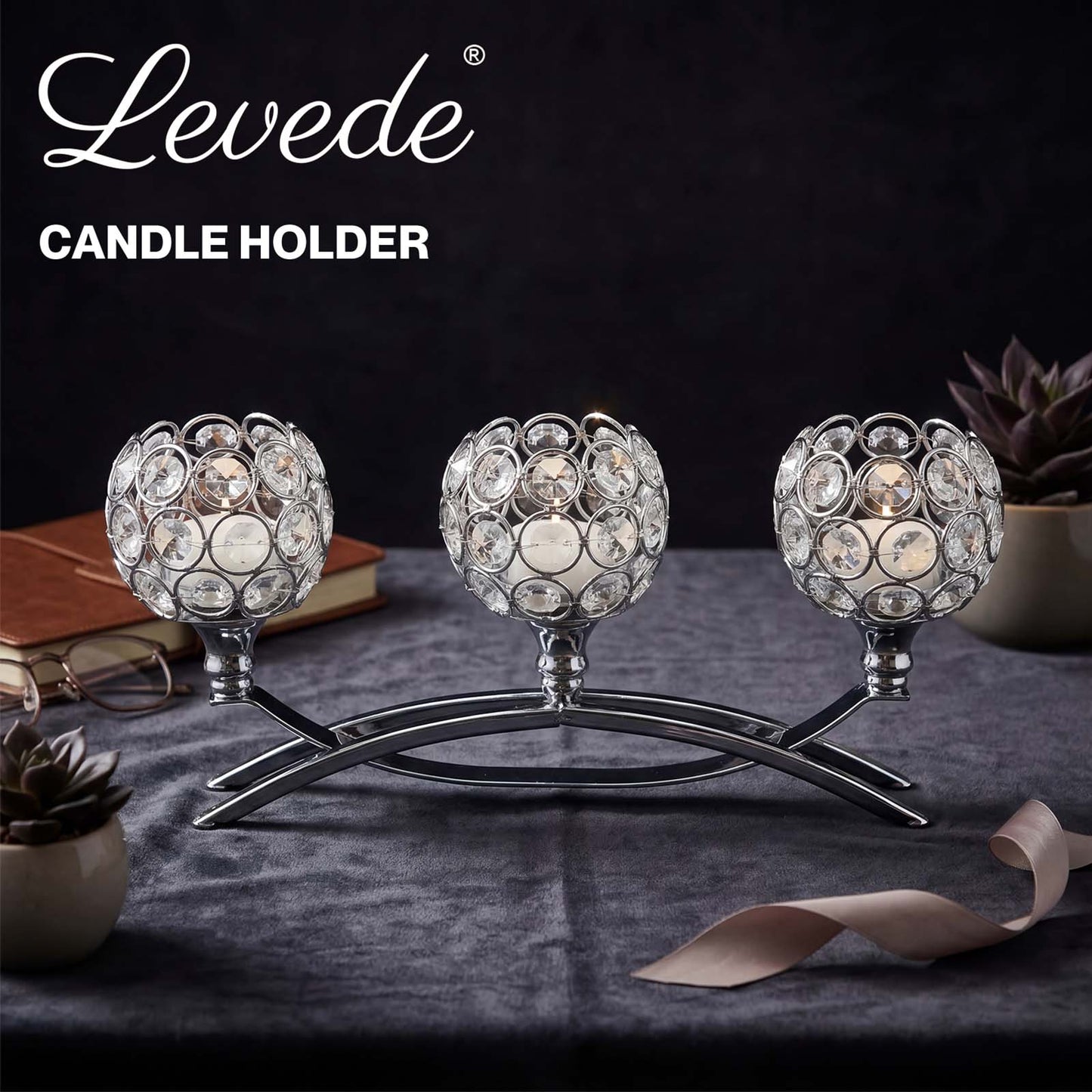 Levede Candle Holders 3 Arms Silver Arch Crystal Decoration Tealight Candlestick