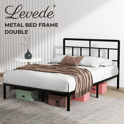 Levede Double Bed Frame Metal Platform with Headboard Heavy Duty 4FT6 Black