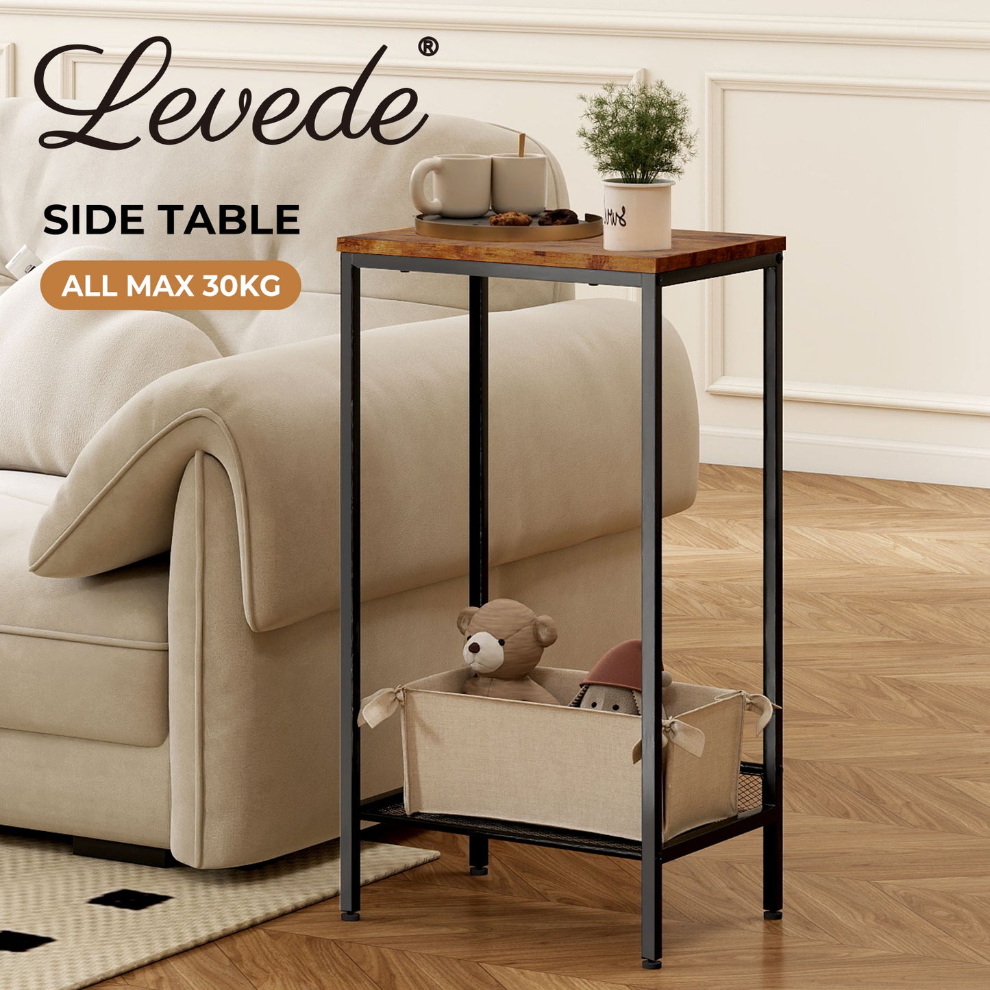 Levede Industrial Side Table Wood 2-Tier Storage Shelf End Table for Living Room