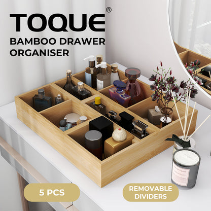 Toque 5 Pcs Bamboo Drawer Organizer Multi-Use Storage Box with Removable Divider
