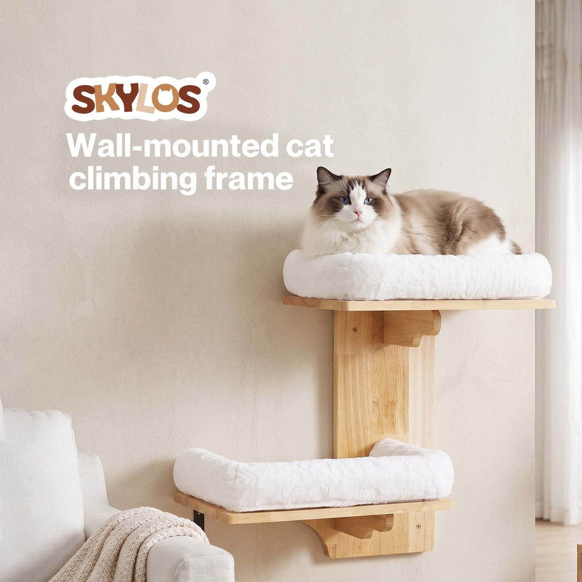 Skylos Cat Wall Shelves 2 Platform Steps Rubber Wood for Cat Climbing White