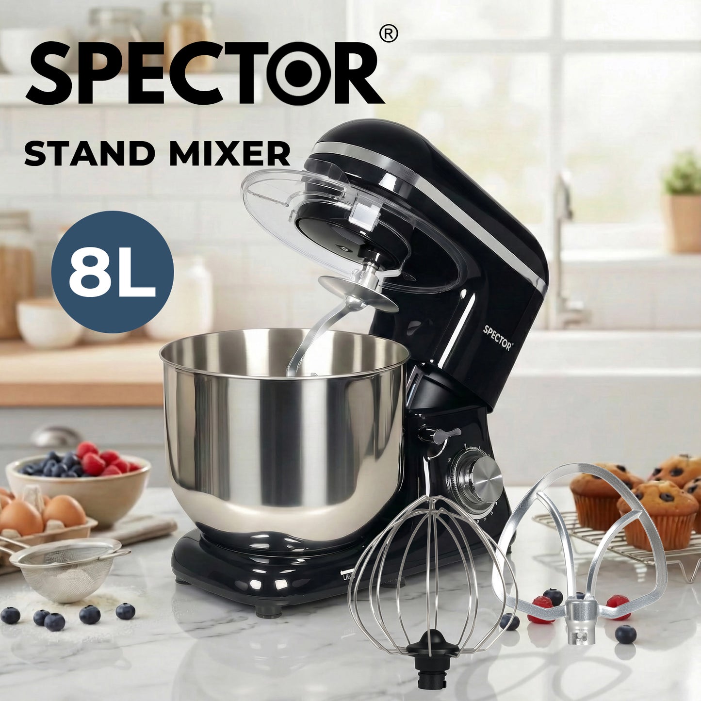 Spector Electric Food Stand Mixer 8L Stainless Steel Mixing Bowl 1300W 10 Speeds