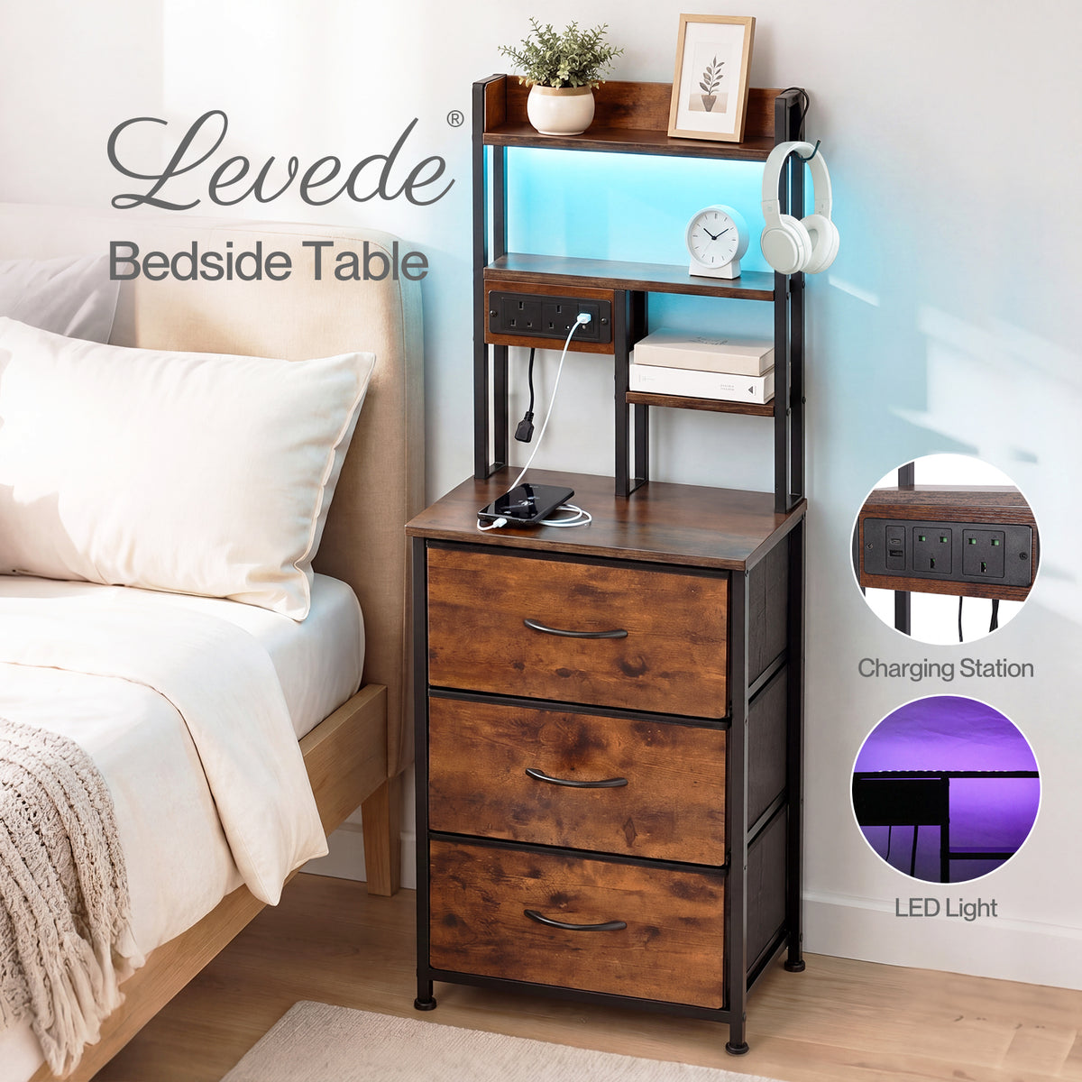 Levede Bedside Table with Charging Station 3 Drawer RGB Light Night Stand Brown