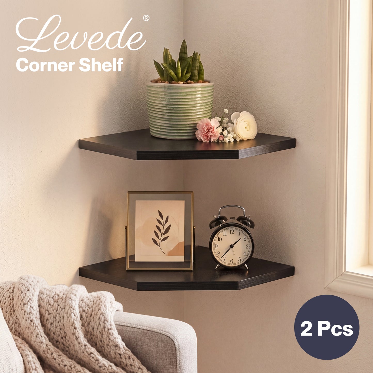 Levede 2 Pack Floating Corner Shelves Cable Cut-Out Wall Mounted Storage Black