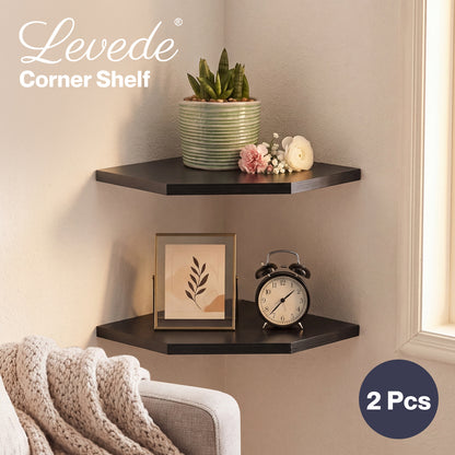 Levede 2 Pack Floating Corner Shelves Cable Cut-Out Wall Mounted Storage Black