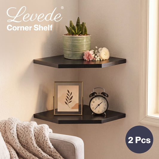 Levede 2 Pack Floating Corner Shelves Cable Cut-Out Wall Mounted Storage Black