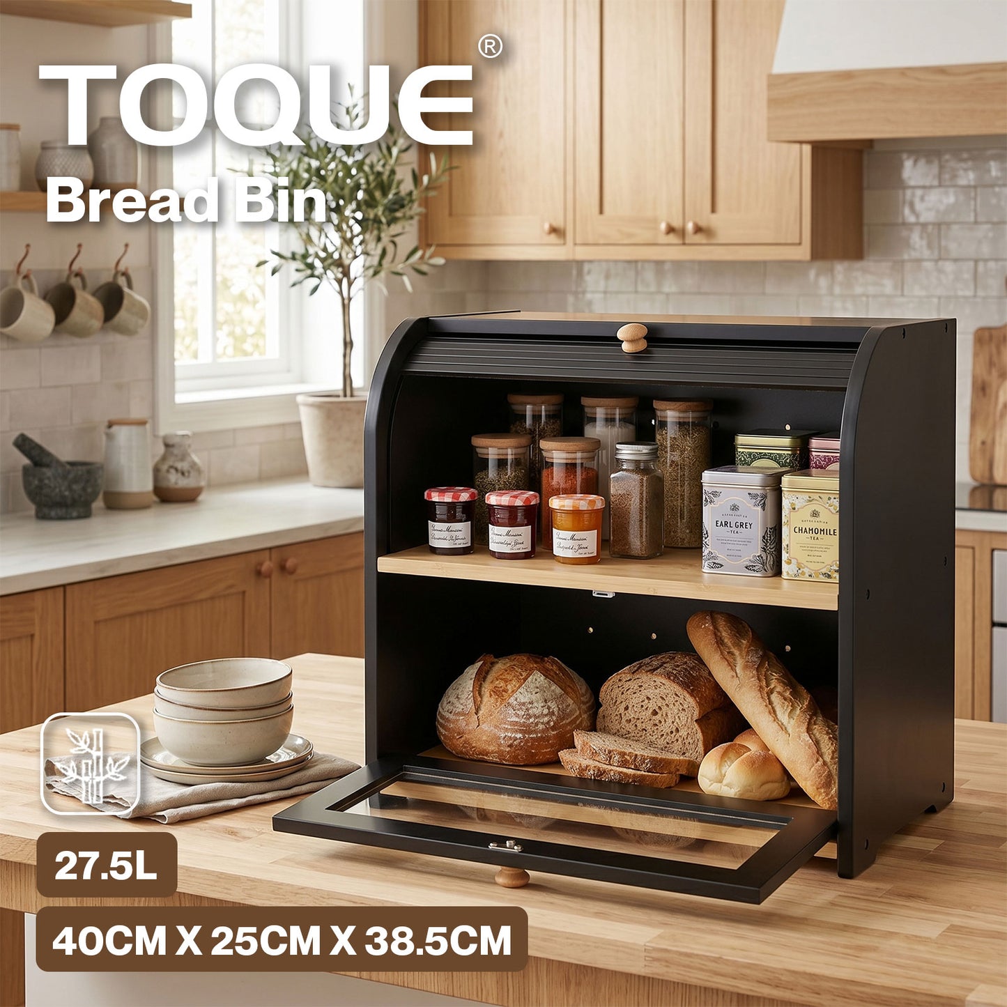 Bread Box  2-Tier Large Capacity Roll Top  Black Bamboo  Acrylic Door