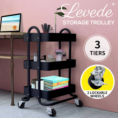 Levede 3 Tiers Kitchen Trolley Cart Steel Storage Rack Shelf Organiser Black