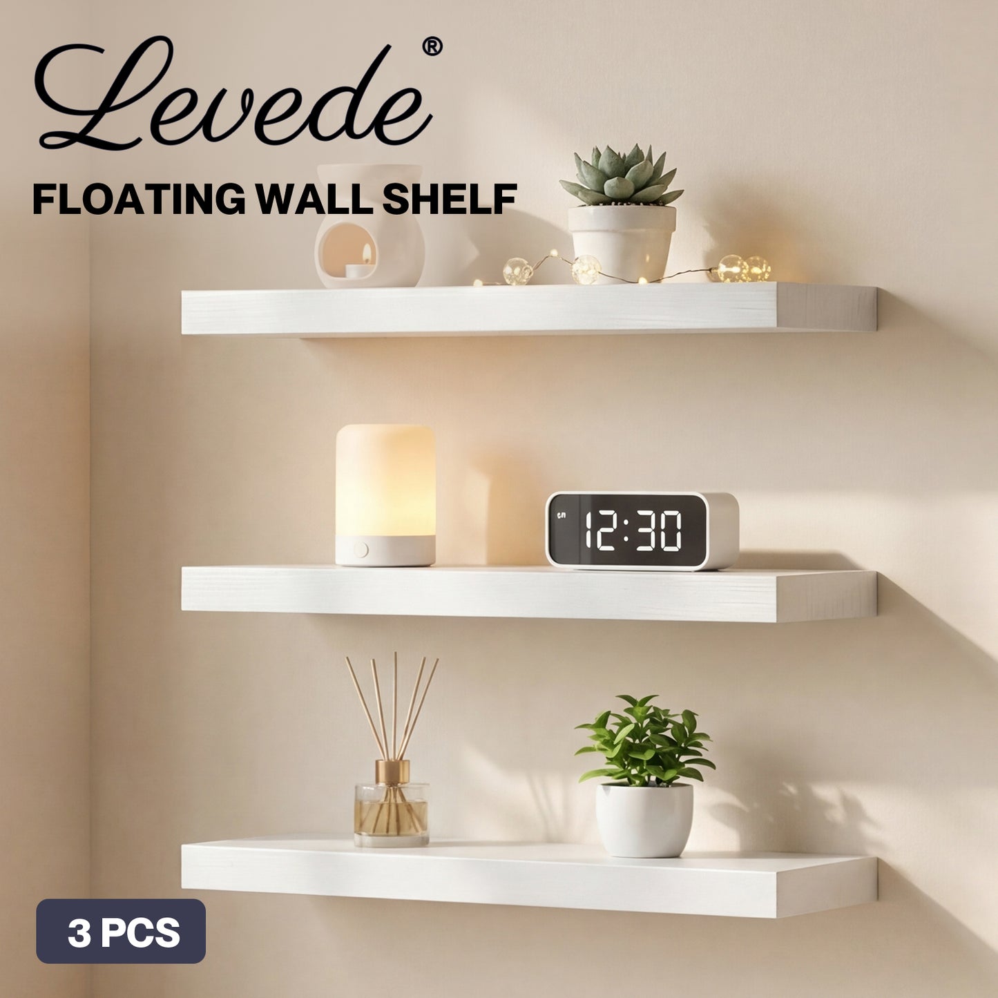 Levede Floating Shelf Wall Storage Screw Mounted Rustic Home Decor 3 PCS White