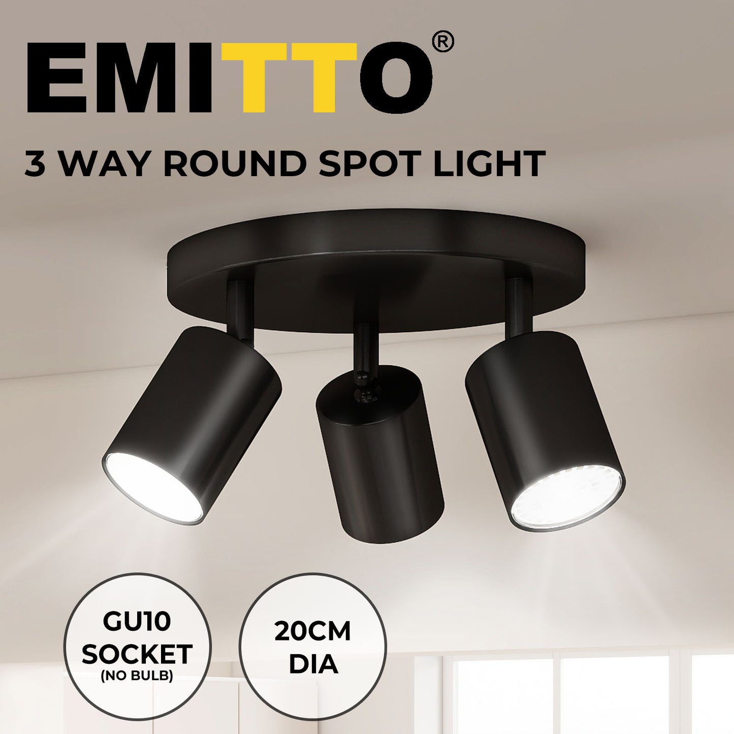 EMITTO 3-Way Spotlight Ceiling Light Adjustable GU10 Modern Black Round Base