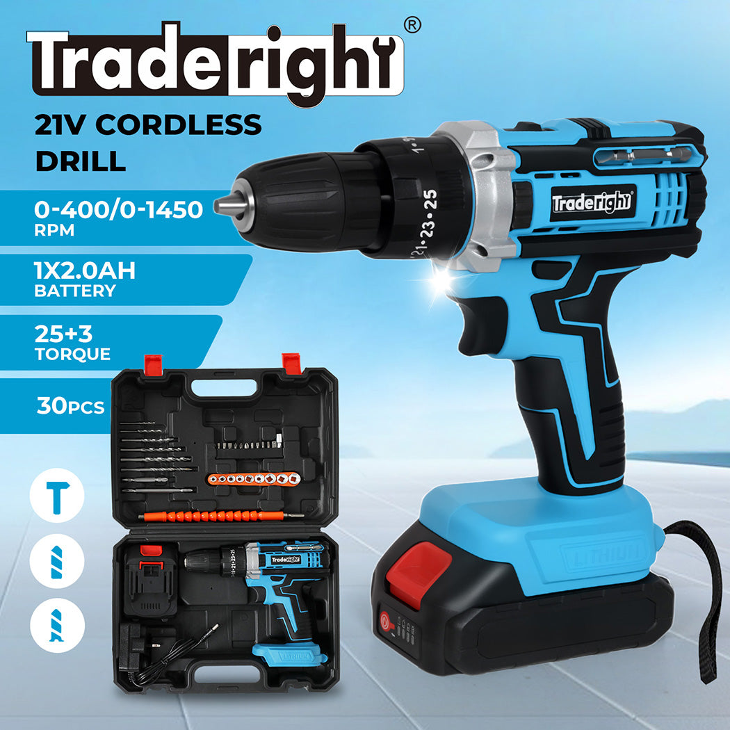 Traderight 21V Cordless Drill Combi Driver Electric Screwdriver Set 1 Battery