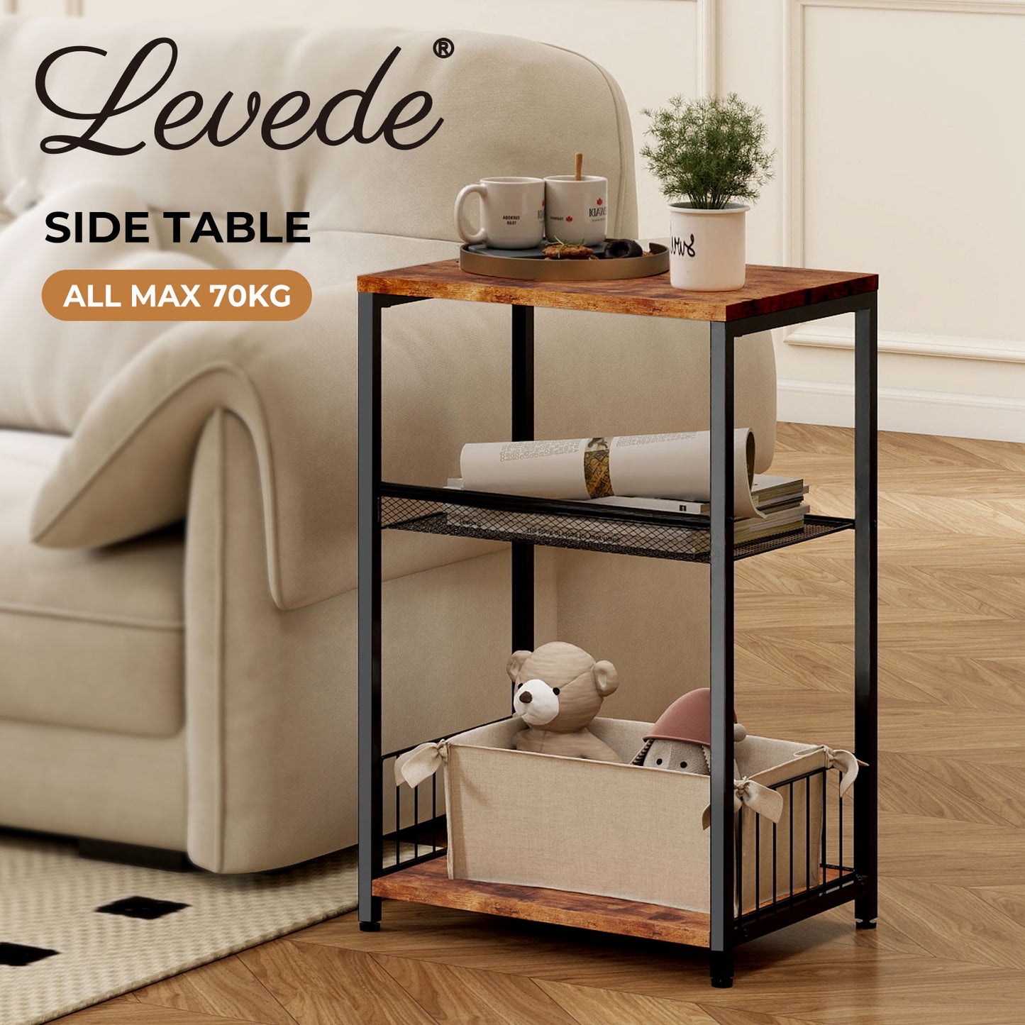 Levede Sofa Side Table with Storage 3 Tier Bedside End Table Living Room Bedroom