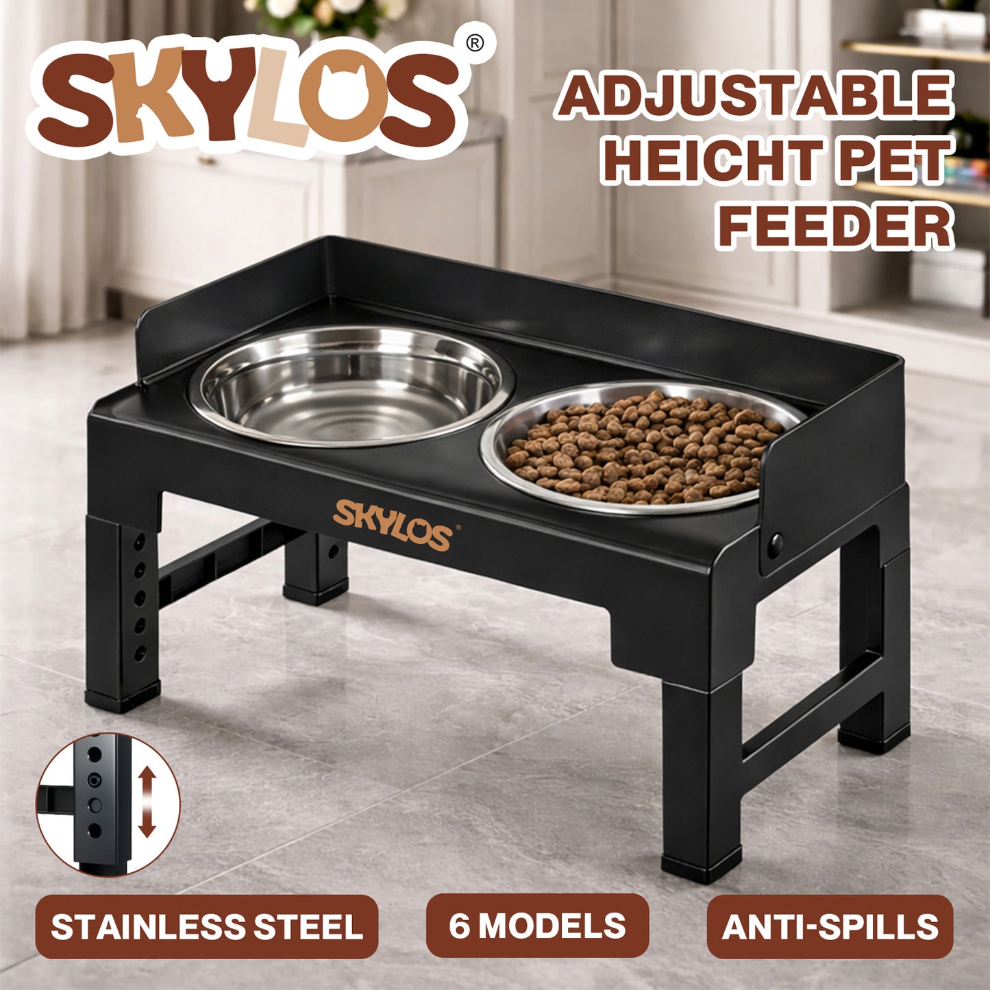 Skylos Elevated Pet Feeder Double Raised Dog Bowls 6 Height Food Water Feeding