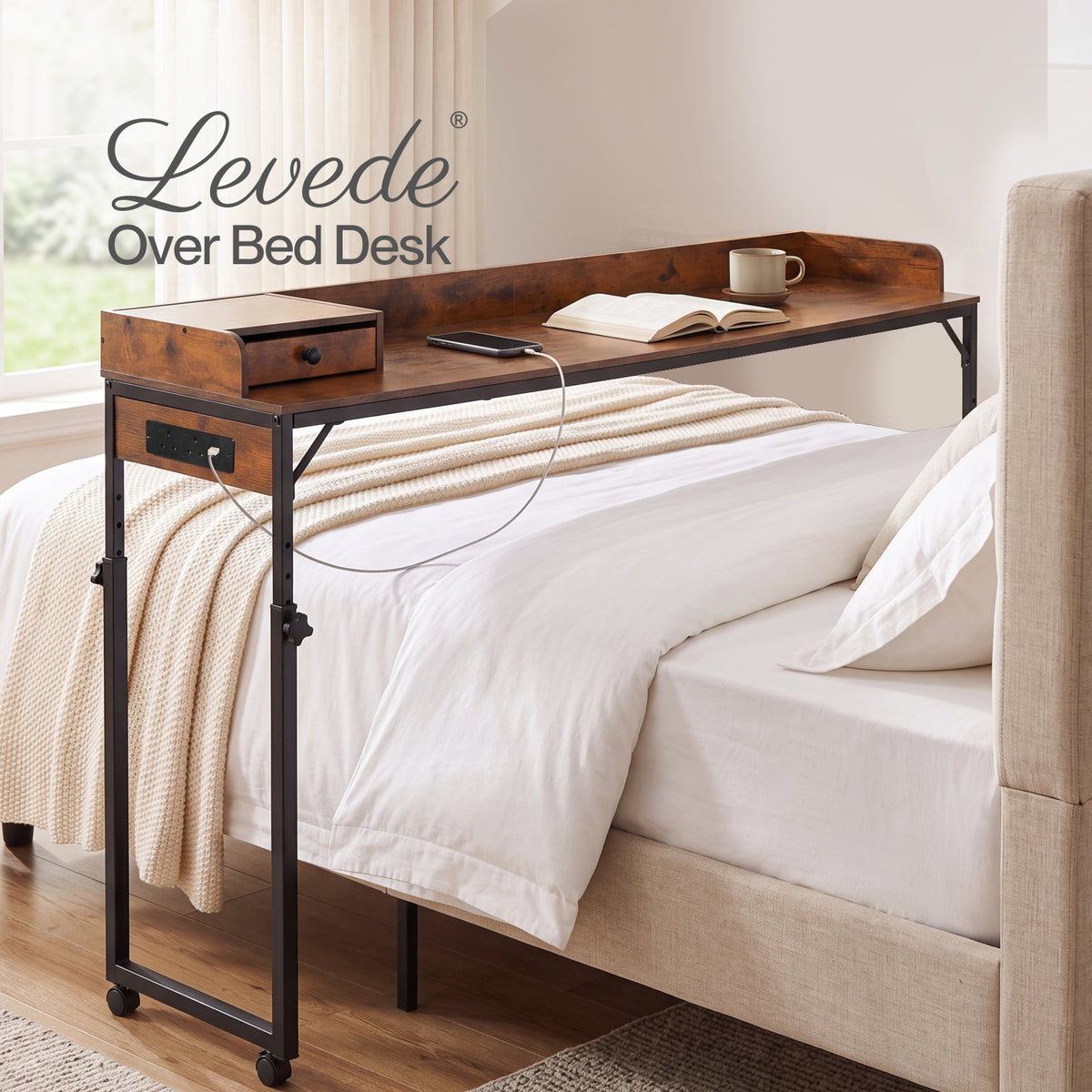 Levede Overbed Table 180cm 84-109cm Mobile with Charging Station Bedroom Brown