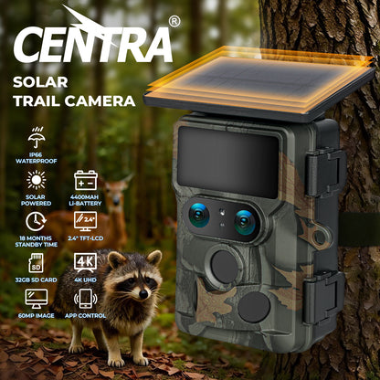 Centra Solar Trail Camera 4K Dual Lens WiFi Bluetooth Night Vision 32GB Card