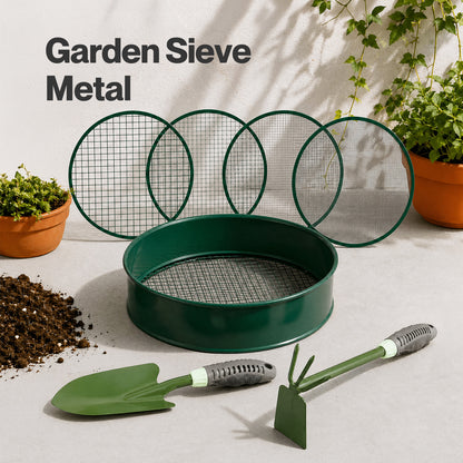Garden Sieve Soil Sifter Set Metal 4 Mesh Inserts Shovel Hoe for Pots Green