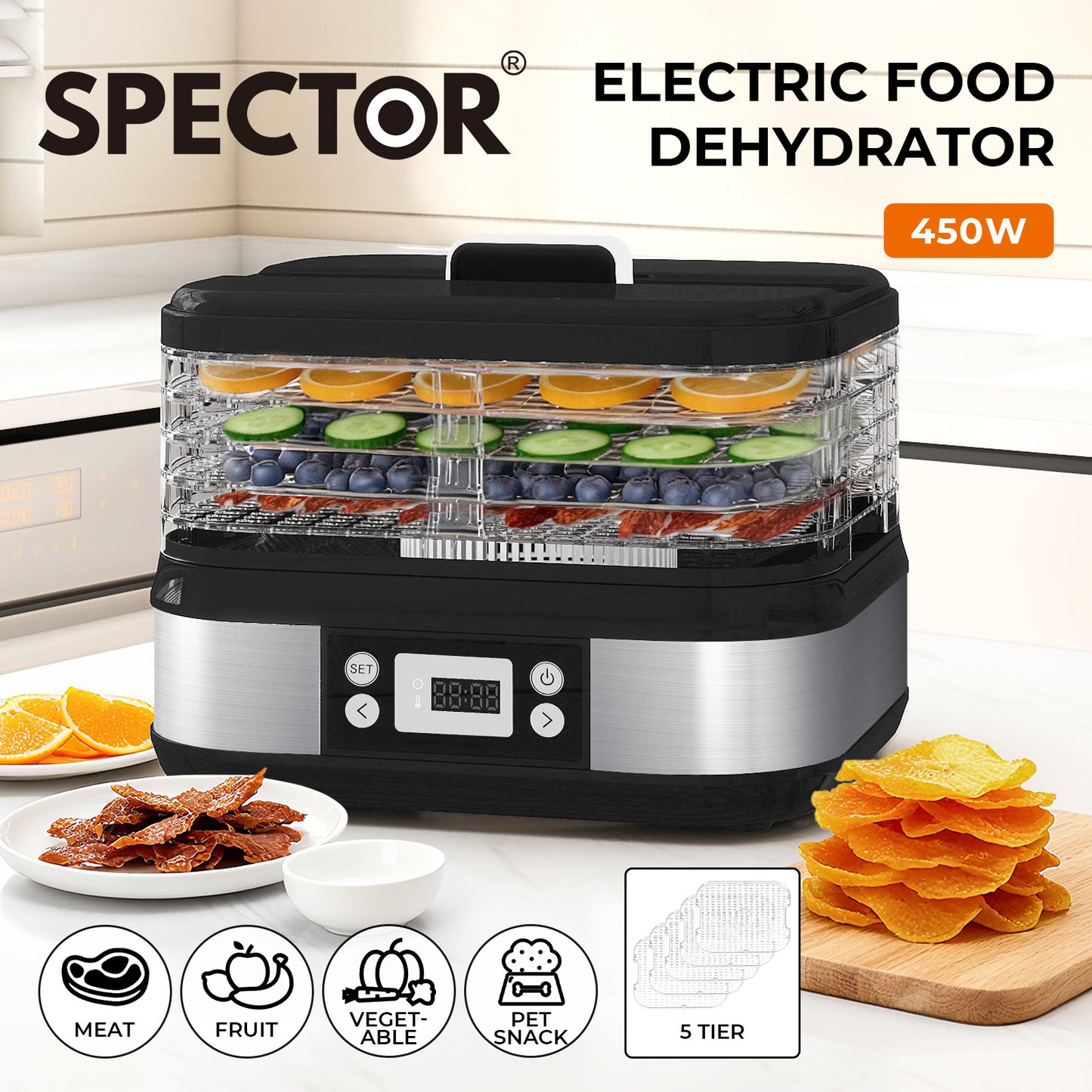 Spector Food Dehydrator 5 Tier Fruit Dryer Meat Drying Machine 450W 35-70°C Temp