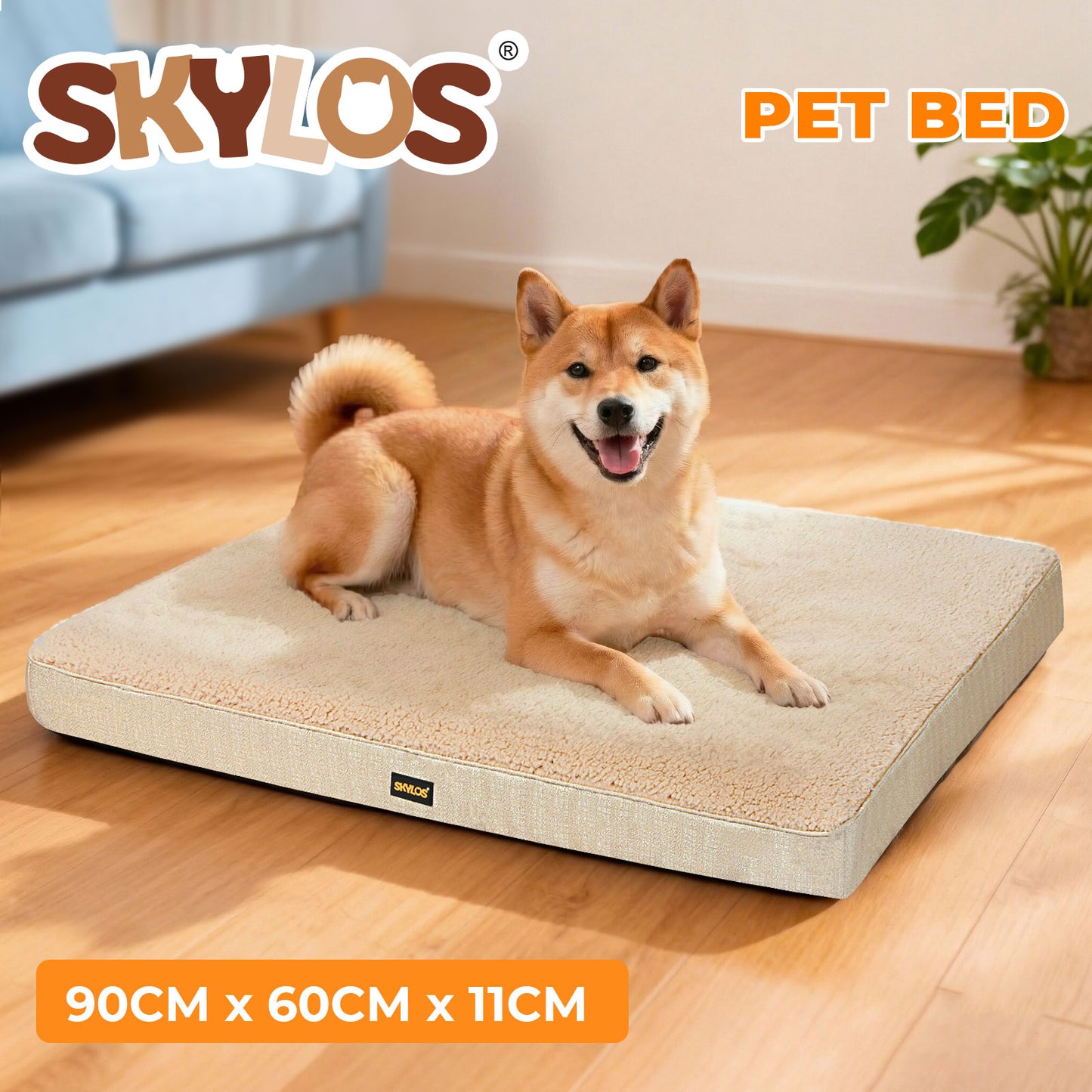 Skylos Pet Bed Large Washable Dog Cushion Crate Mattress Non Slip 90x60cm Soft