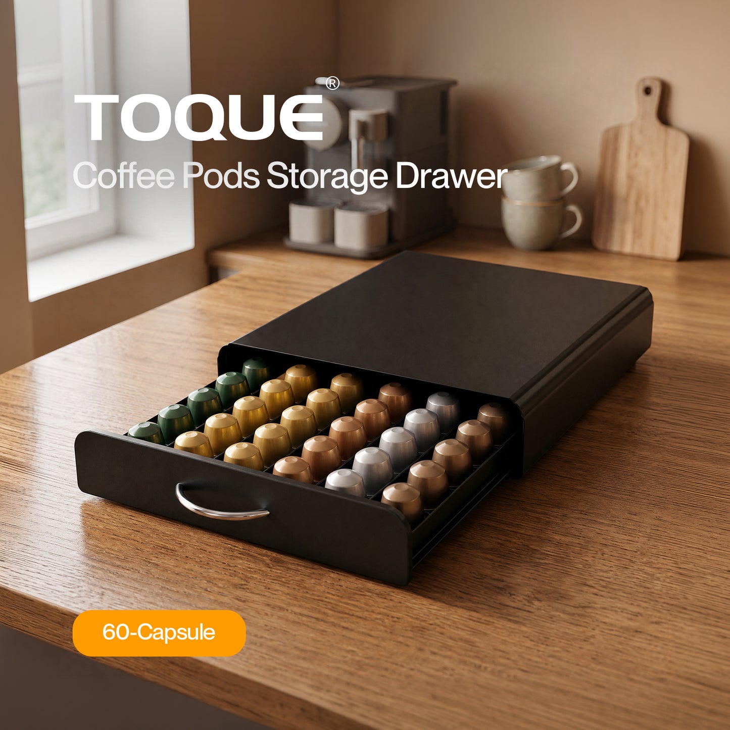 TOQUE Coffee Pod Holder Drawer for Nespresso Capsules 60 Pod Storage Stand Rack
