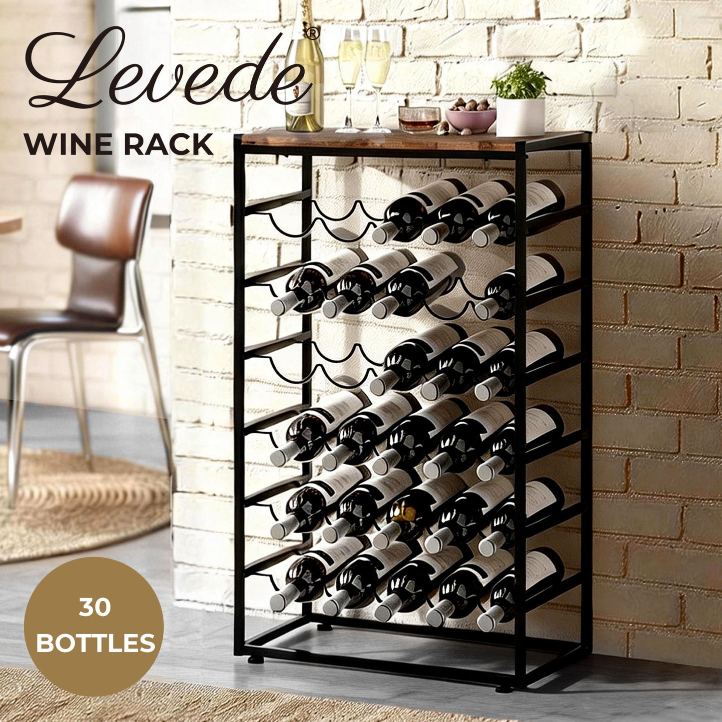 Levede Wine Rack 30 Bottles Free Standing Floor Wooden Top 6 Tiers Wine Shelves