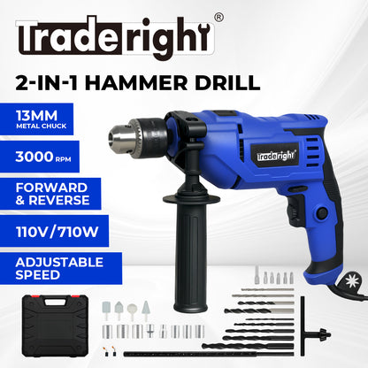 Traderight Electric Hammer Drill 13mm Chuck Powerful Variable Speed Corded DIY