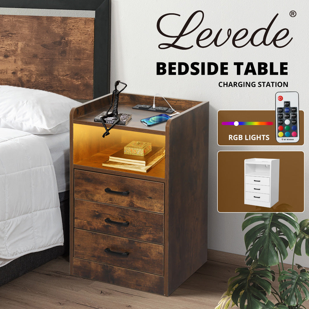 Levede Bedside Table Nightstand USB Charger Outlet RGB LED 3 Drawers Storage