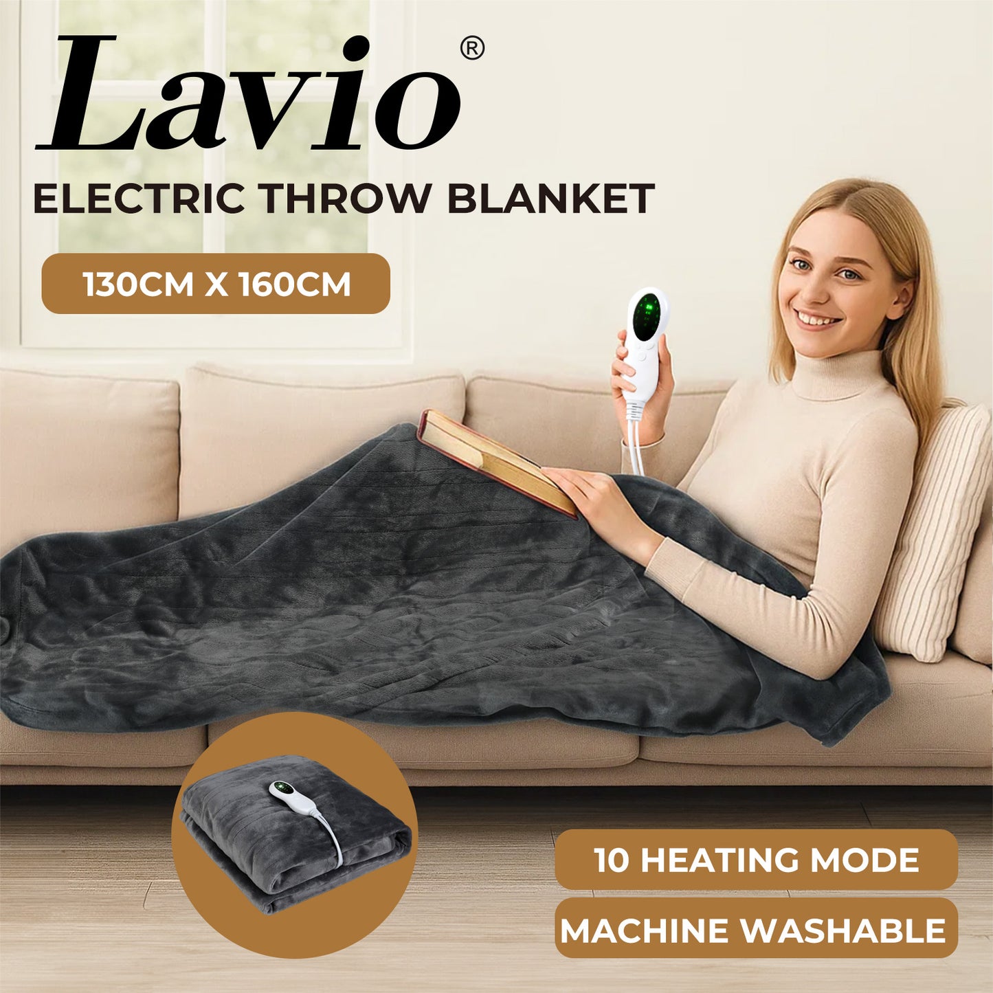 Lavio Electric Blanket Throw Fast Heated Soft Reversible Washable for Bed Sofa